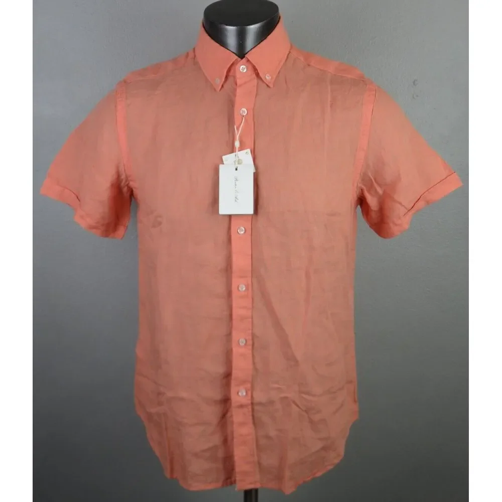 Mens Porter & Ash Short Sleeve Button Front Linen Shirt Orange Peach Size M New